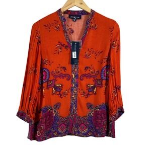 Jones New York‎ Signature Women's Top Orange Paisley Button Down Blouse Size PP